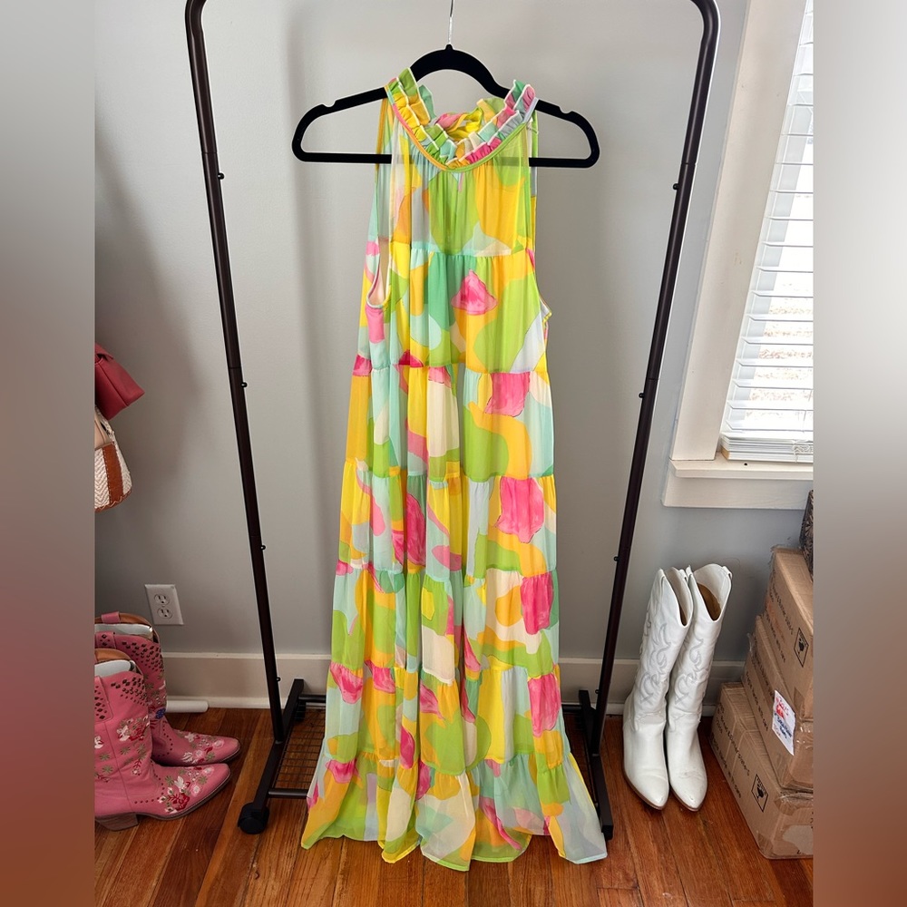 Maxi Multi Colored Ruffle Collar Dress